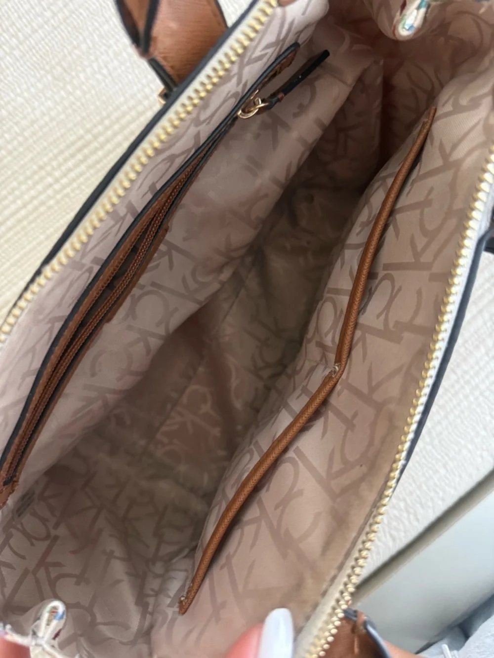 Calvin Klein Multicolor Logo Canvas Satchel with Brown Trim
